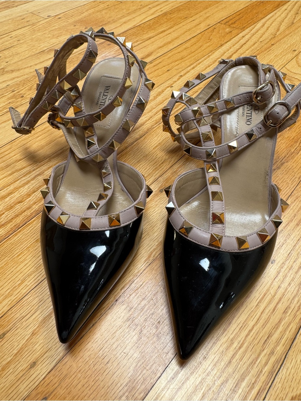 Valentino Garavani Black Patent Pointed Slingbacks with Nude Studded Straps